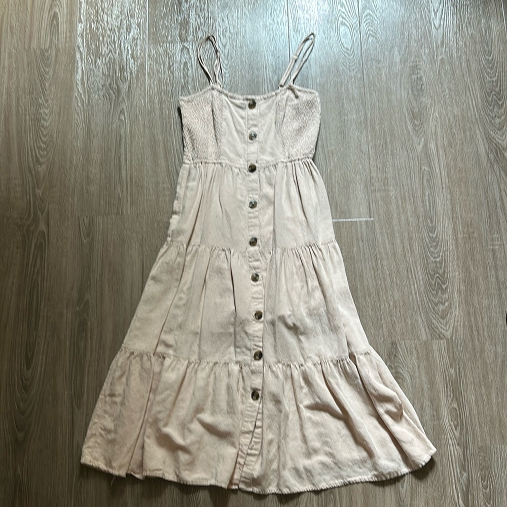 Tan linen/cotton textured dress.